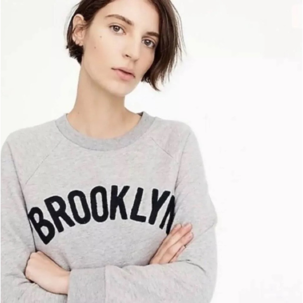 J. Crew Gray Crewneck Sweater with Black 'BROOKLYN' Applique